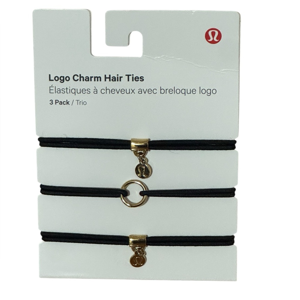 Lululemon Logo Charm Hair Ties Black & Gold 3 Pack Ponytail Holders Gift NEW NWT